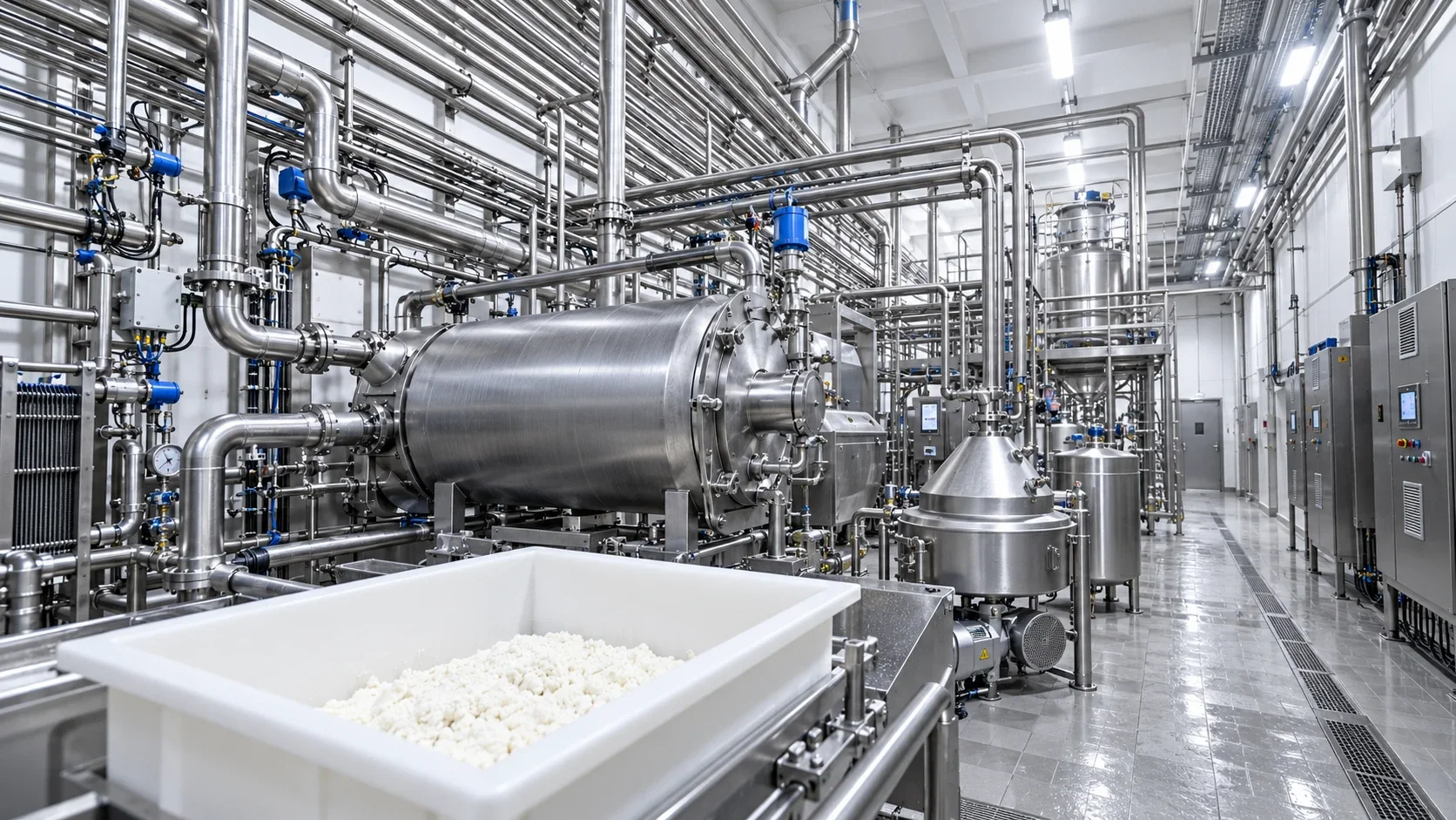 Ligne de production laitière en inox, avec un bac de caillé au premier plan